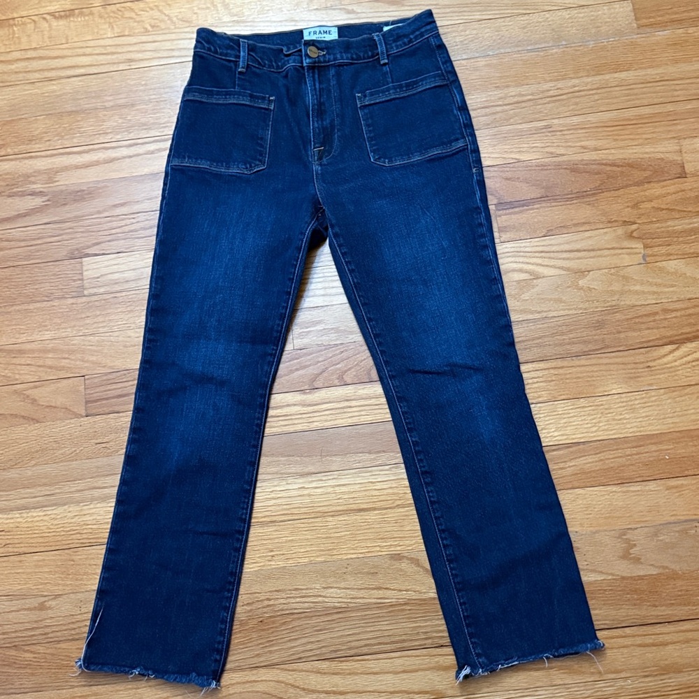 FRAME 27 High Rise Le Bardot‎ Straight Blue Jeans Raw Edge Blue Denim